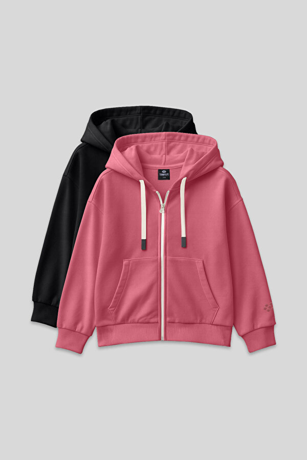 Fermuarlı Pamuklu 2li Paket Siyah-Yaban Gülü Kız Çocuk Sweatshirt - 75149