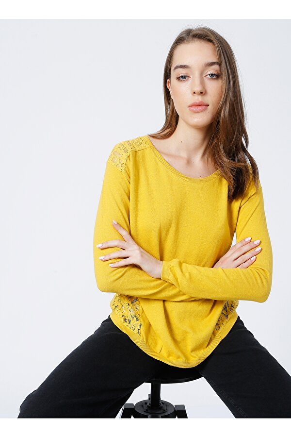 Bisiklet Yaka Basic Düz Sarı Kazak Kadın K-NILAY
