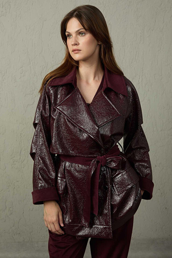 Kadın Belden Bağlamalı Deri Trençkot 1515 Bordo