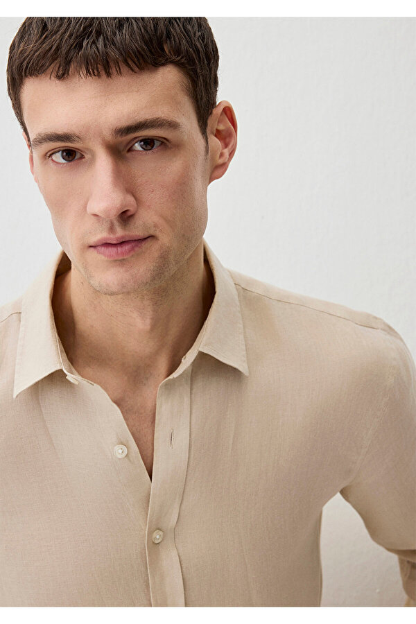 Bej Keten Gömlek Slim Fit / Dar Kesim 0211466-70004