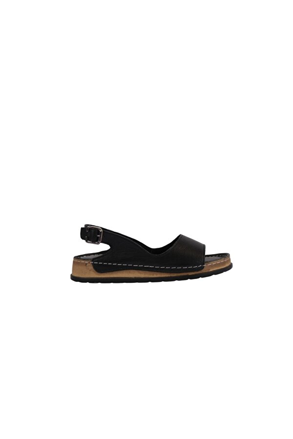 Hakiki Deri Tek Bant Tokalı Arka Bantlı Rahat Düz Taban Kadın Sandalet NAPA-306