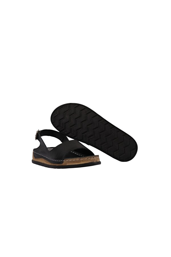 Hakiki Deri Tek Bant Tokalı Arka Bantlı Rahat Düz Taban Kadın Sandalet NAPA-306