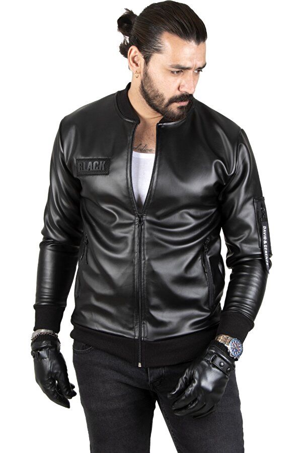 DeepSEA Siyah Dar Kesim Erkek Suni Deri Ceket / Mont – Kolej Yaka & Ribanalı 1820094