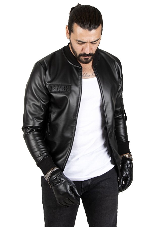 DeepSEA Siyah Dar Kesim Erkek Suni Deri Ceket / Mont – Kolej Yaka & Ribanalı 1820094
