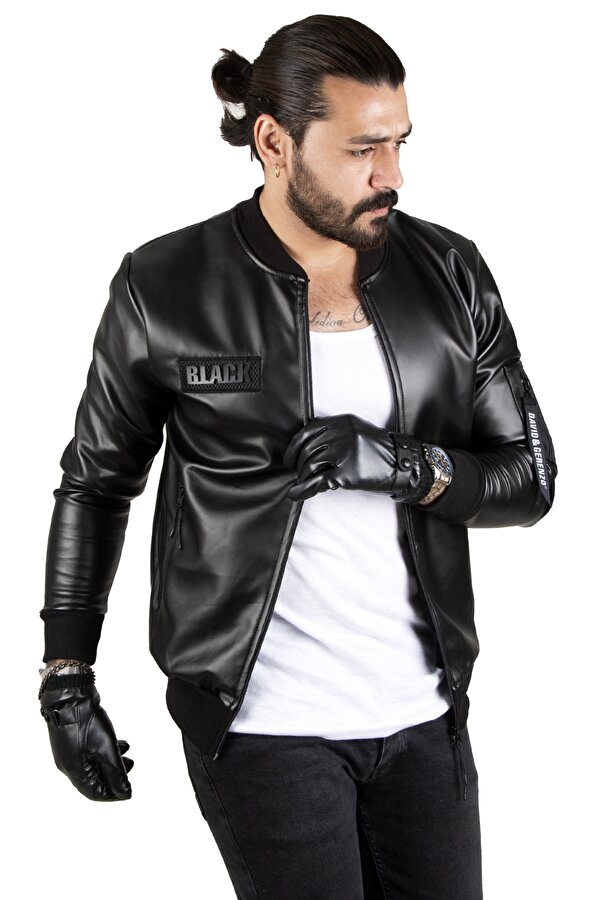 DeepSEA Siyah Dar Kesim Erkek Suni Deri Ceket / Mont – Kolej Yaka & Ribanalı 1820094