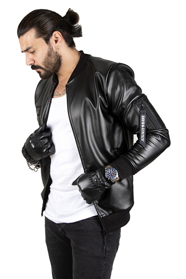 DeepSEA Siyah Dar Kesim Erkek Suni Deri Ceket / Mont – Kolej Yaka & Ribanalı 1820094