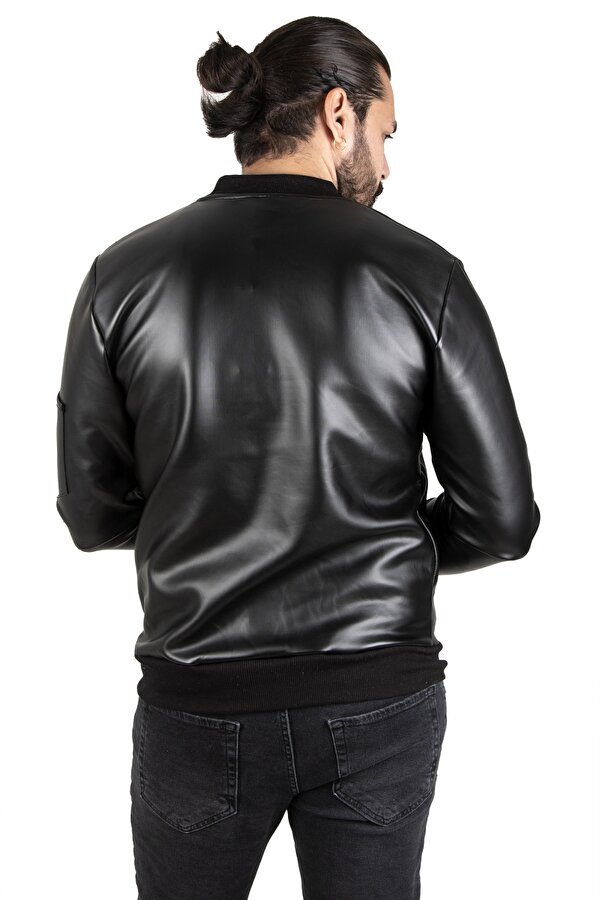 DeepSEA Siyah Dar Kesim Erkek Suni Deri Ceket / Mont – Kolej Yaka & Ribanalı 1820094