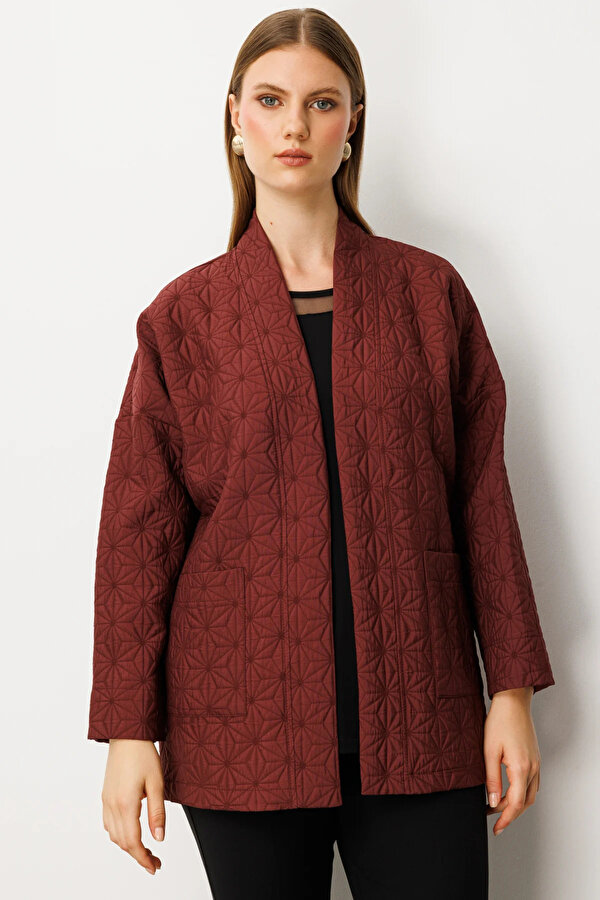 Kadın Büyük Beden Önü Açık Desenli Ceket 65202 Bordo