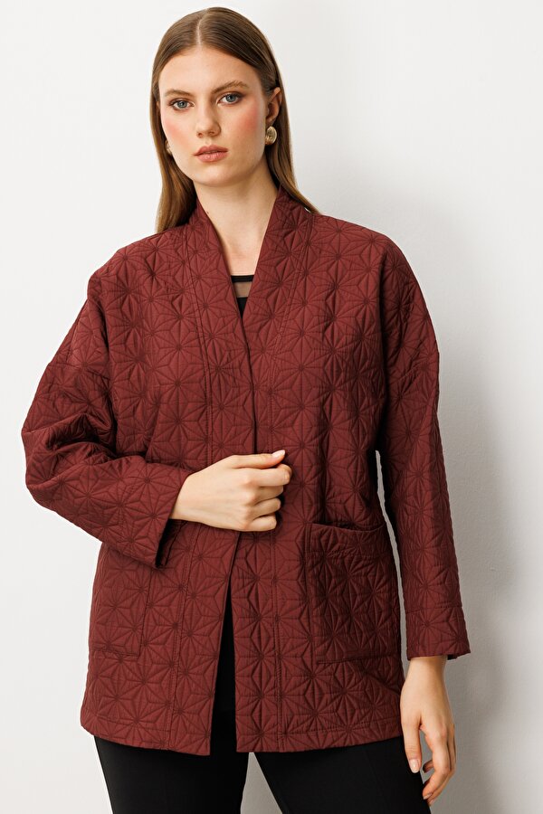 Kadın Büyük Beden Önü Açık Desenli Ceket 65202 Bordo