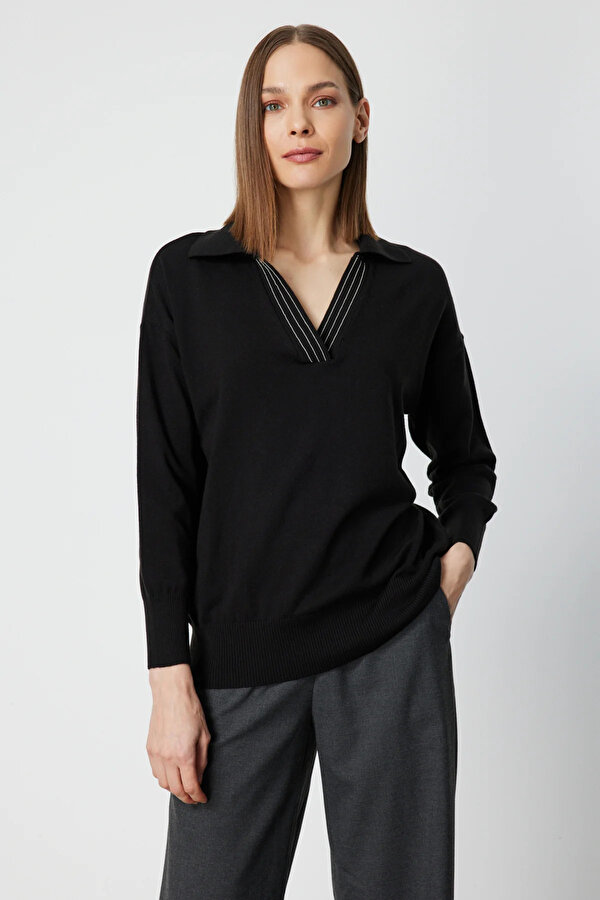 Kadın Polo Yaka Zincir Detaylı Triko Kazak 66336 Siyah