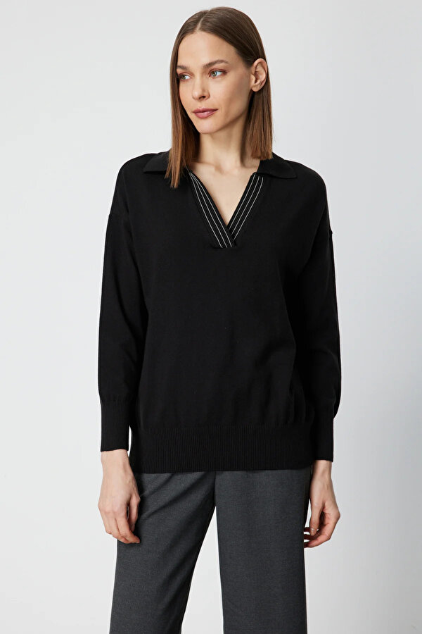 Kadın Polo Yaka Zincir Detaylı Triko Kazak 66336 Siyah