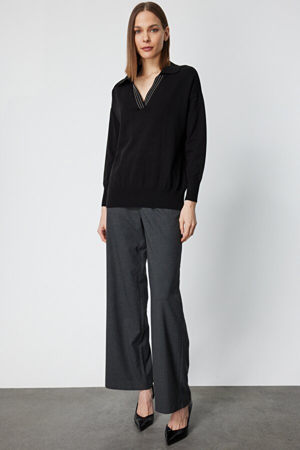 Kadın Polo Yaka Zincir Detaylı Triko Kazak 66336 Siyah