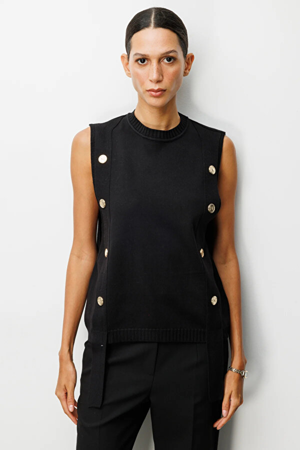 Kadın Süs Düğmeli Sıfır Yaka Süveter 69310 Siyah