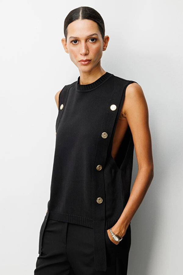 Kadın Süs Düğmeli Sıfır Yaka Süveter 69310 Siyah