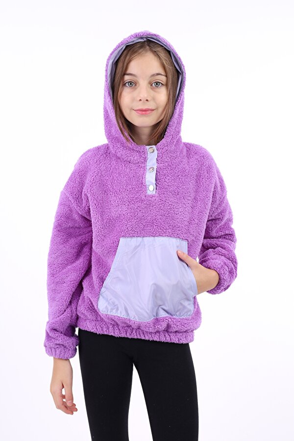 Toontoy Kız Çocuk Oversize Kapüşonlu Çıtçıtlı Cepli Düşük Omuz Peluş Sweatshirt - Garnili