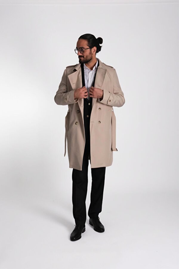 Regular Fit Kruvaze Kapama Kemerli Apoletli Uzun Trençkot