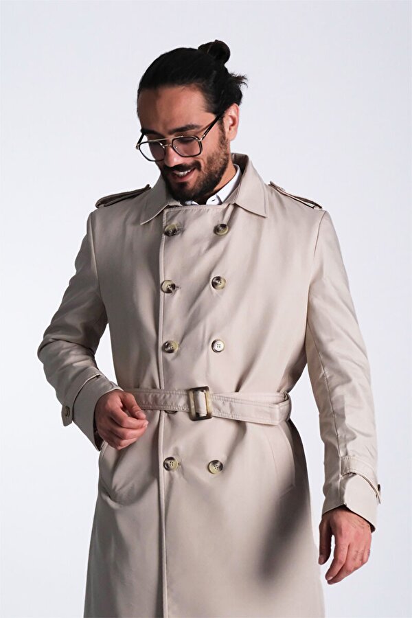 Regular Fit Kruvaze Kapama Kemerli Apoletli Uzun Trençkot