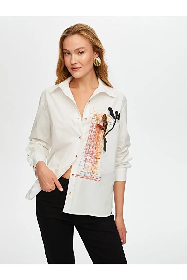 Baskı Ve Nakış Detaylı Poplin Kadın Gömlek US25GML002
