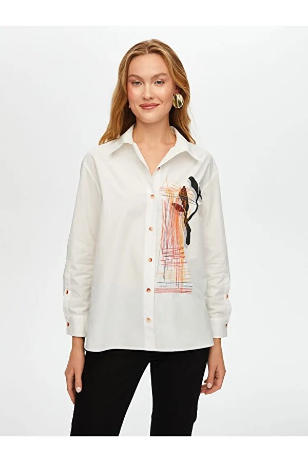 Baskı Ve Nakış Detaylı Poplin Kadın Gömlek US25GML002