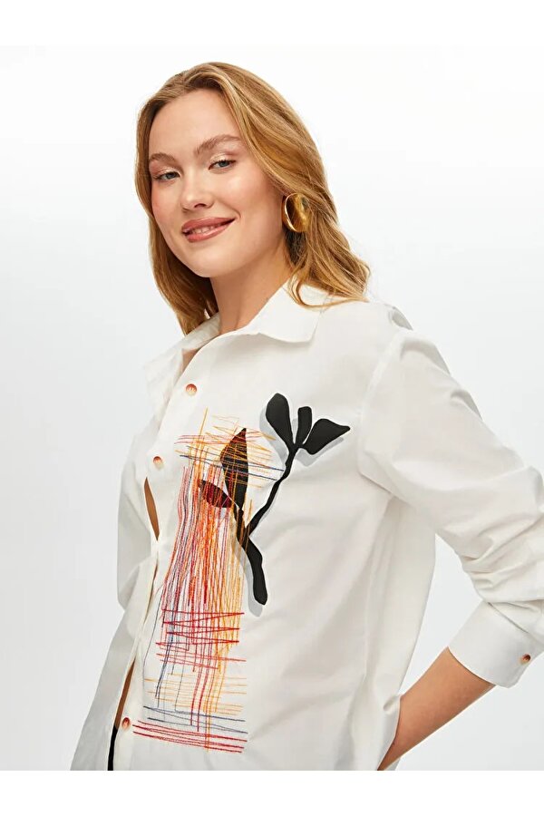 Baskı Ve Nakış Detaylı Poplin Kadın Gömlek US25GML002