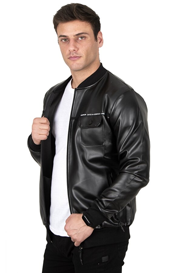 DeepSEA Erkek Siyah Suni Deri Ceket Rüzgar ve Su Geçirmez Kolej Tarzı Fermuarlı Dar Kesim Mont Ceket 23020660