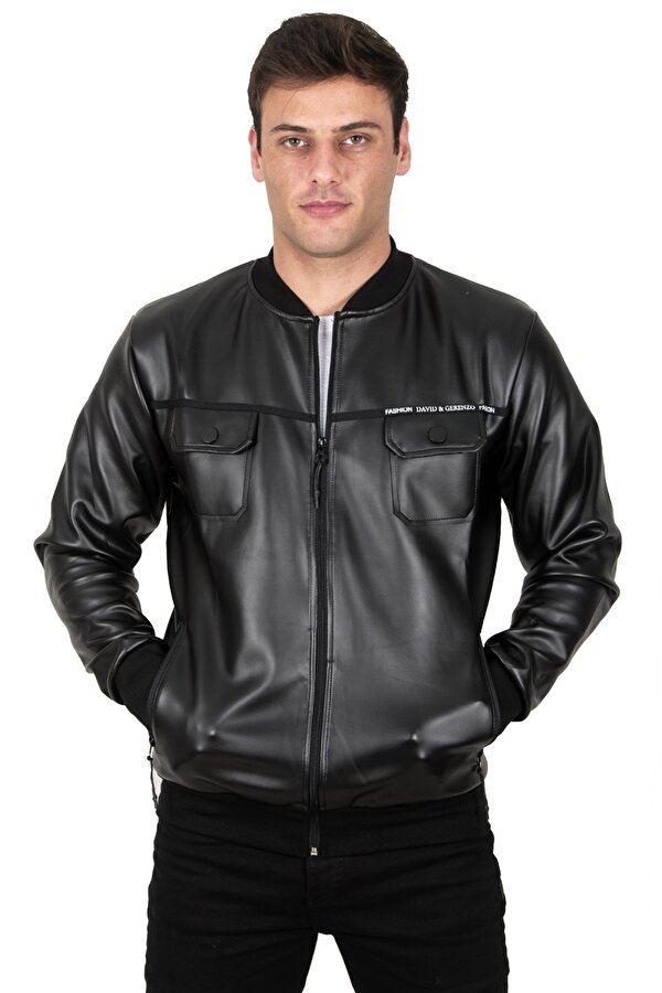 DeepSEA Erkek Siyah Suni Deri Ceket Rüzgar ve Su Geçirmez Kolej Tarzı Fermuarlı Dar Kesim Mont Ceket 23020660