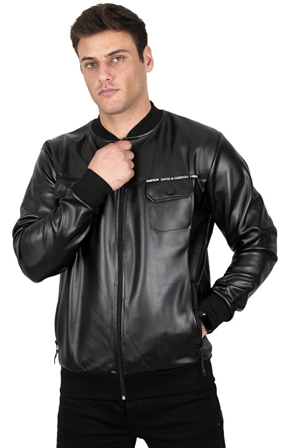 DeepSEA Erkek Siyah Suni Deri Ceket Rüzgar ve Su Geçirmez Kolej Tarzı Fermuarlı Dar Kesim Mont Ceket 23020660