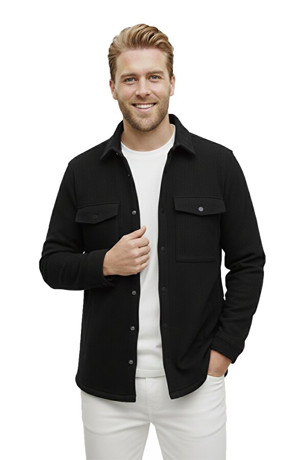 DeepSEA Siyah Dar Kesim Erkek Çıtçıtlı Spor Ceket – Fitilli Örme Kumaş, Modern Şehir Stili 2500558