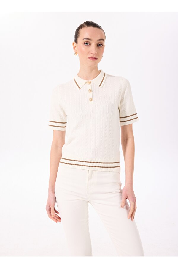 Polo Yaka Normal Çizgili Ekru Kazak Kadın F5SL-KZK0103