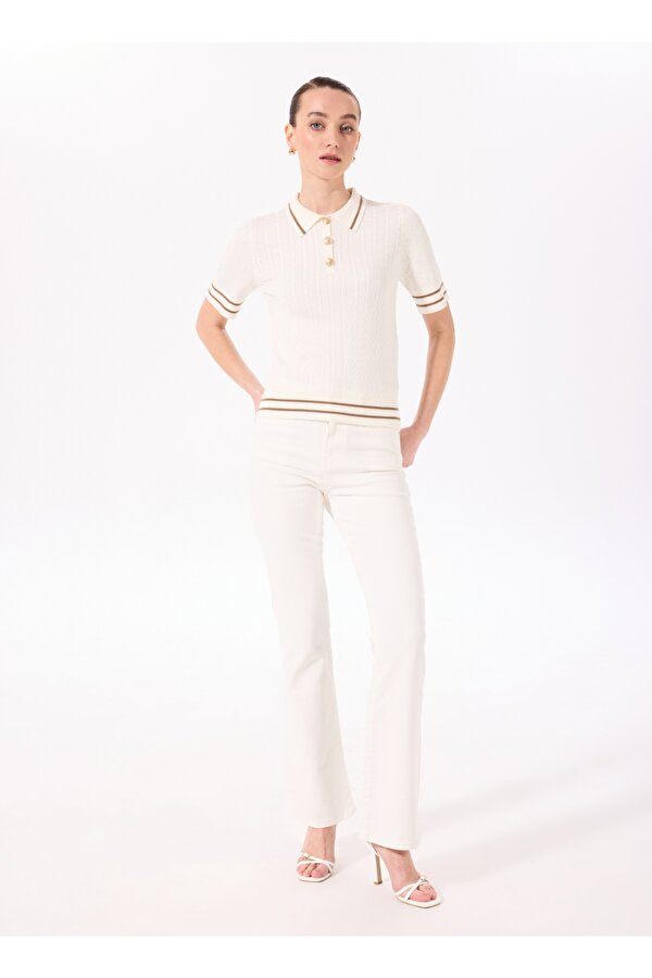 Polo Yaka Normal Çizgili Ekru Kazak Kadın F5SL-KZK0103