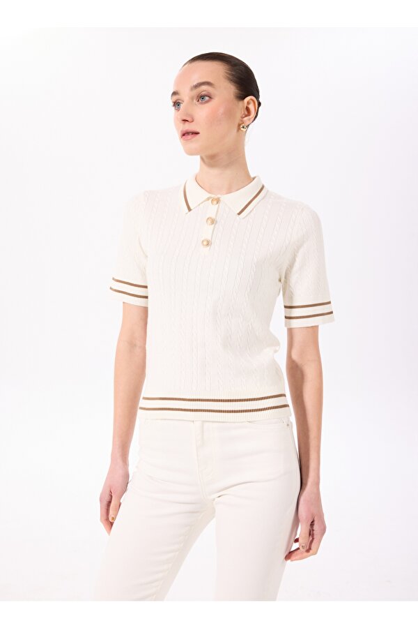 Polo Yaka Normal Çizgili Ekru Kazak Kadın F5SL-KZK0103