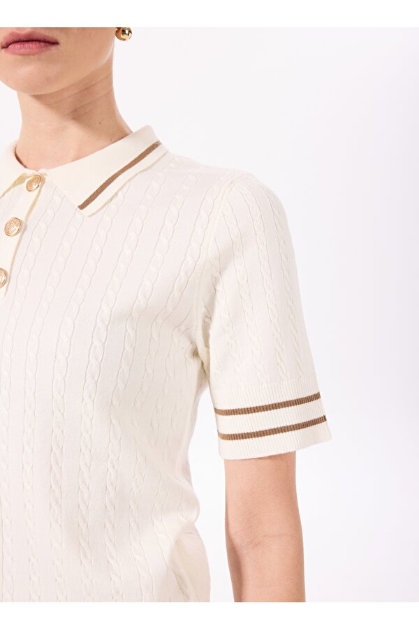 Polo Yaka Normal Çizgili Ekru Kazak Kadın F5SL-KZK0103