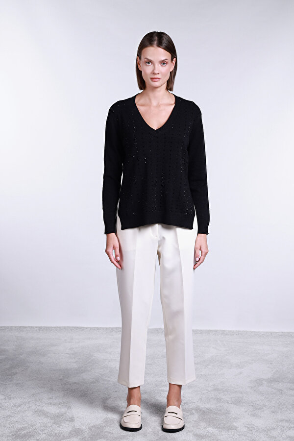 Kadın V Yaka Yandan Yırtmaçlı Taş Detaylı Kazak 2754 Siyah