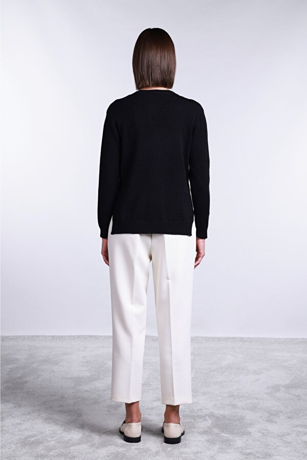 Kadın V Yaka Yandan Yırtmaçlı Taş Detaylı Kazak 2754 Siyah