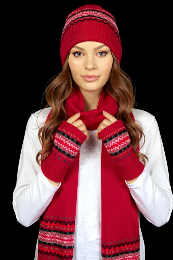 Kadın Kenarları Jakarlı Püsküllü Yün Kaşkol 25075 K.Kırmızı