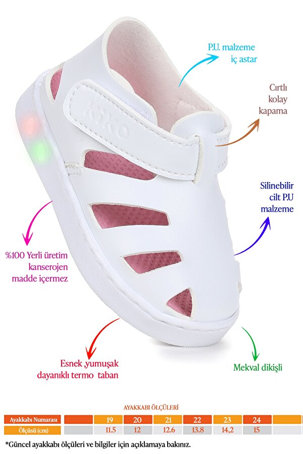 Limba Işıklı Cırtlı Kız Bebek Sandalet Beyaz