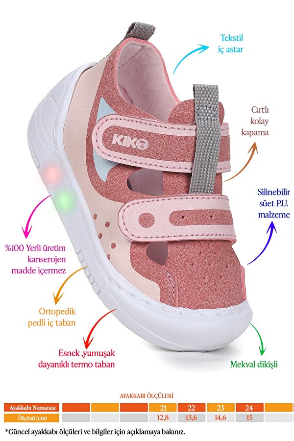 Nera Cırtlı Işıklı Kız Bebek Yürüyüş Spor Ayakkabı Pembe