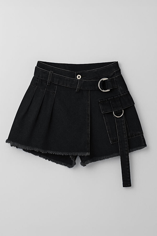 Kadın Yüksek Bel Kemerli Jean Şort Etek