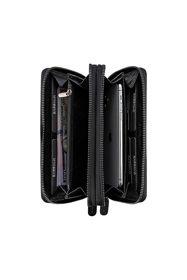 Orleans Hakiki Deri Telefon Bölmeli El Çantası Cüzdan Kartlık Siyah