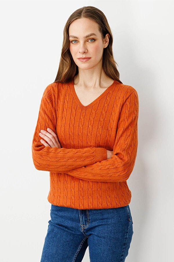Kadın V Yaka Komple Saç Örgülü Kazak 24328 Turuncu