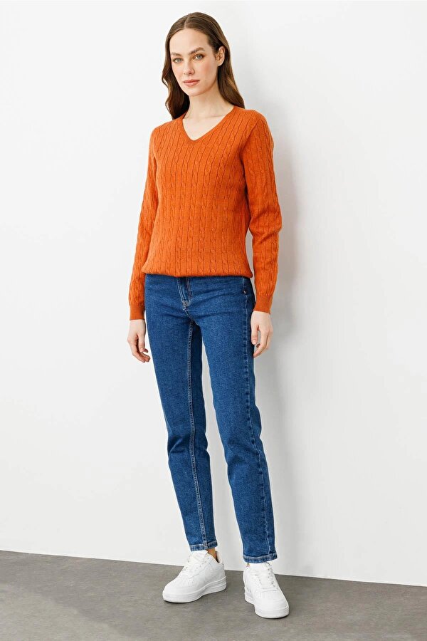 Kadın V Yaka Komple Saç Örgülü Kazak 24328 Turuncu