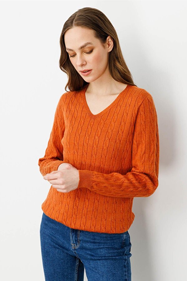 Kadın V Yaka Komple Saç Örgülü Kazak 24328 Turuncu