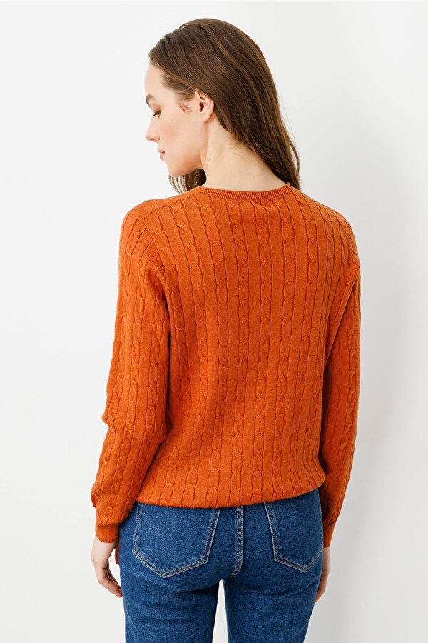 Kadın V Yaka Komple Saç Örgülü Kazak 24328 Turuncu