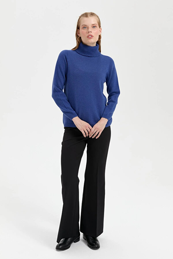 Kadın Tam Balıkçı Yaka Klasik Yün Kazak 23164 Mavi