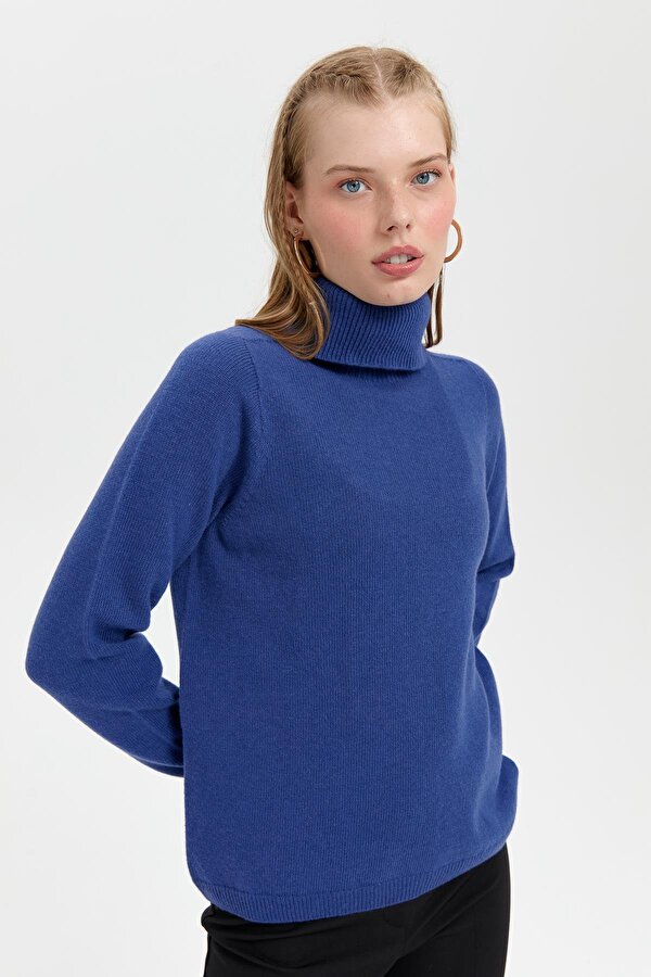Kadın Tam Balıkçı Yaka Klasik Yün Kazak 23164 Mavi