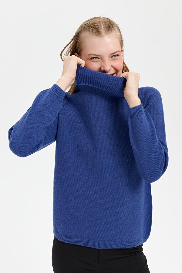 Kadın Tam Balıkçı Yaka Klasik Yün Kazak 23164 Mavi