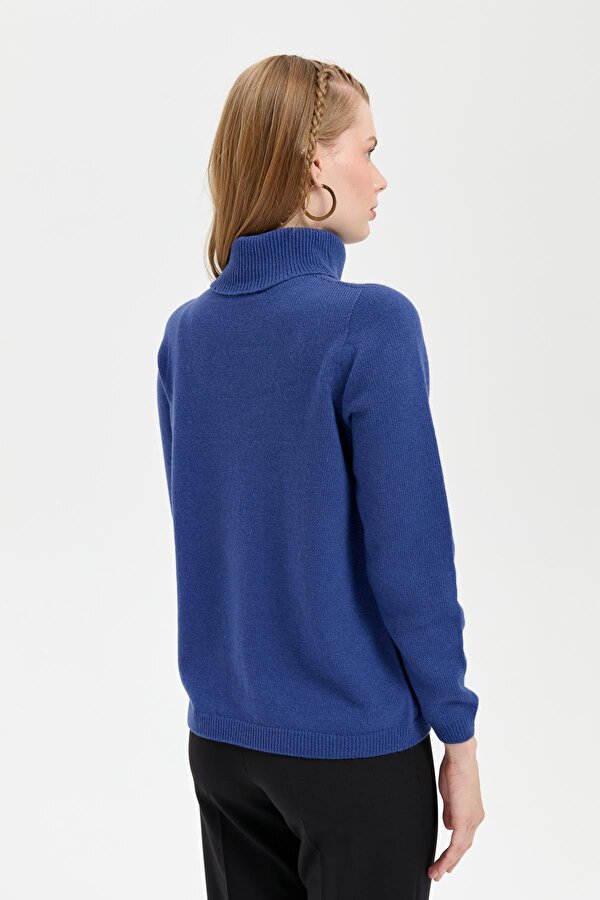 Kadın Tam Balıkçı Yaka Klasik Yün Kazak 23164 Mavi
