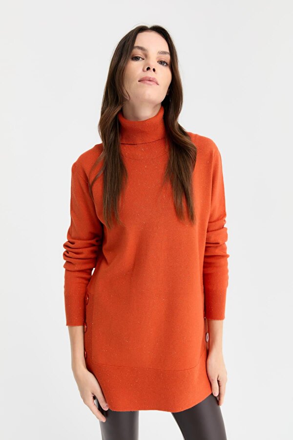 Kadın Tam Balıkçı Yaka Dikişsiz Kazak 23391 Portakal