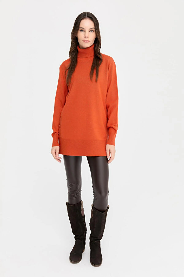 Kadın Tam Balıkçı Yaka Dikişsiz Kazak 23391 Portakal