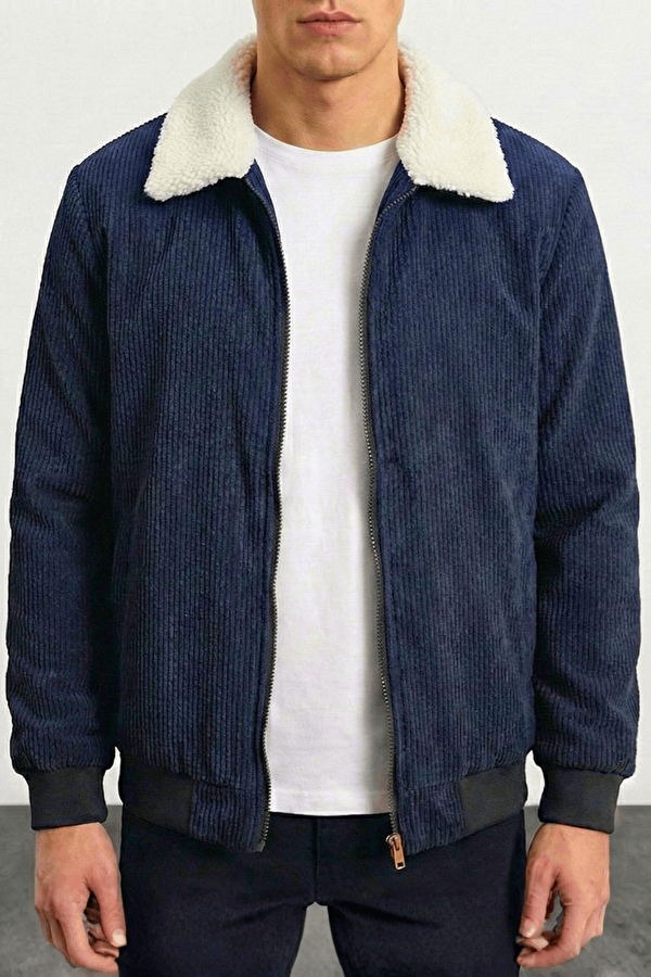 Erkek Kadife Mont Peluş Astarlı Gömlek Yaka Rüzgar Geçirmez Kadife Mont